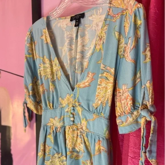 Jessica Simpson Mediterranean Plunge Neck Cropped Blue Floral Blouse Women’s Sm - Picture 3 of 7